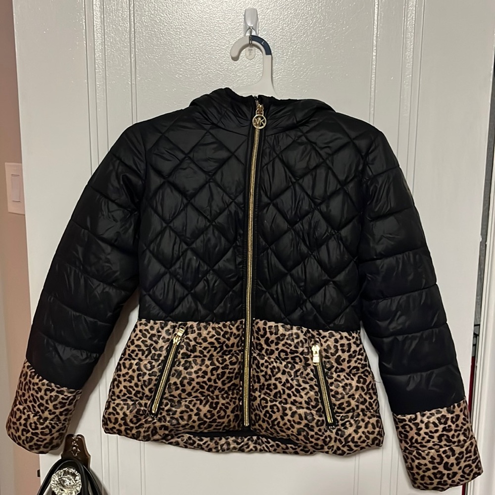 Black and leopard girls Michael Kors quilted coat.